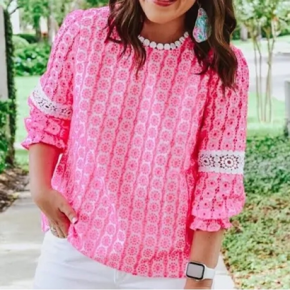 NWT Lily Pulitzer Pink Starburst / White Jourdana Eyelet Top, Sz 8